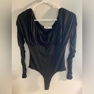 NWT Nordstrom Elodie Ruched Black Long Sleeve Thong Bodysuit Size Small